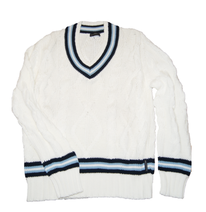 BALDESSARINI  V-Auschnitt Pulli PREPPY mit Zopfmuster und abgesetzten Kragen wollweiss