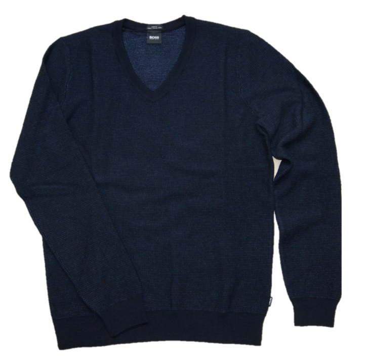 BOSS Pullover BIETRO aus hochwertiger Italienischer  Schurwolle mit V-Ausschnitt  dunkelblau