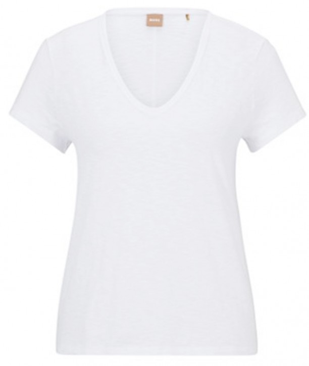Boss T-Shirt C_Eslenza aus strukturierter Bio-Baumwolle mit V-Ausschnitt weiß 100