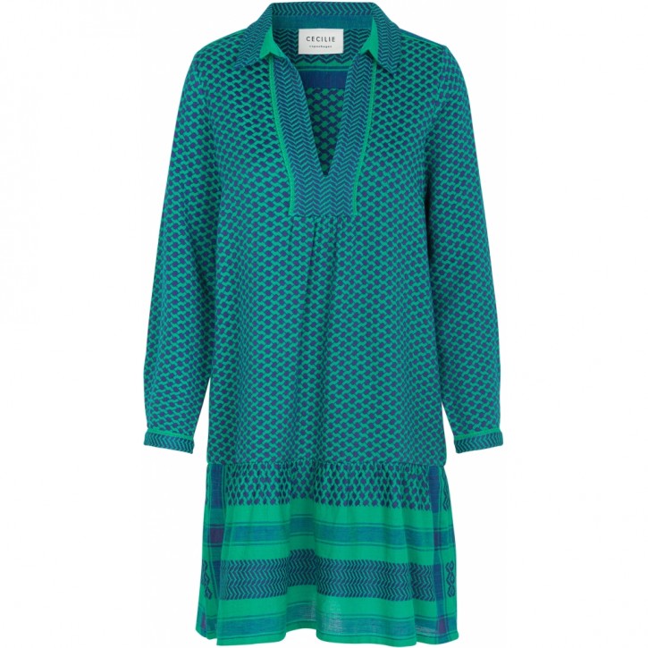 CECILIE COPENHAGEN Langarm Kleid Lynette Dress mit Kufiaymuster 297 Ocean Green/Blue Royale
