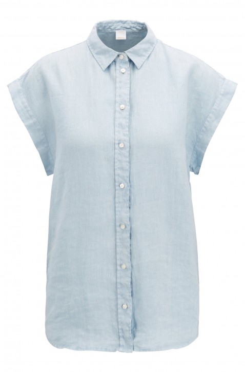 BOSS Regular-Fit Bluse EMIRTA aus reinem Leinen mit kurzen Ärmeln und Spitzkragen hellblau