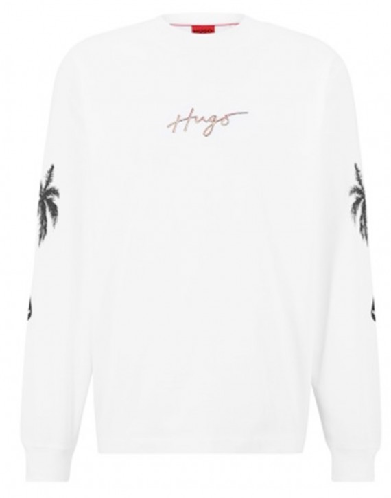 Hugo Longsleeve Damazonas aus Baumwoll-Jersey mit Palmen-Artwork und Logo weiß 100