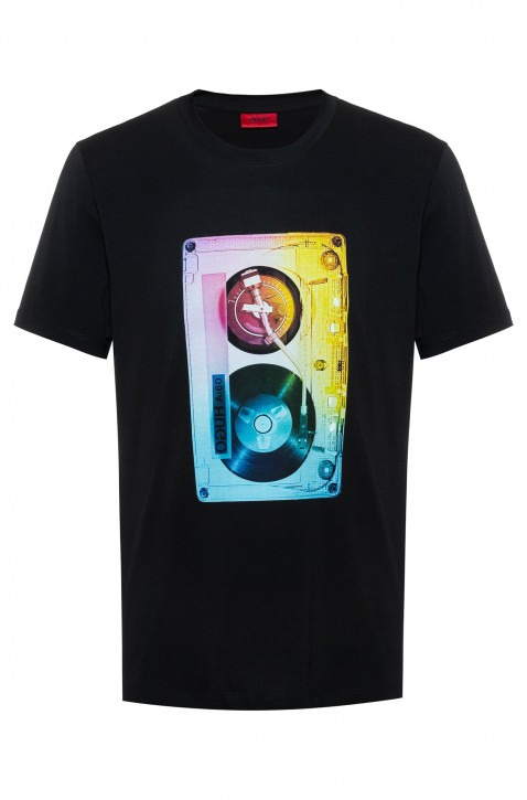 HUGO T-Shirt DOURS aus reinem Baumwoll-Jersey mit grafischem Kassetten-Print schwarz 001 S