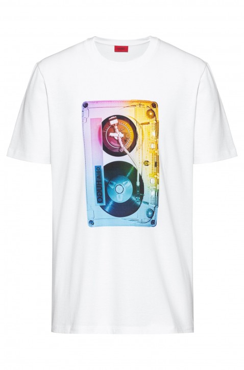 HUGO T-Shirt DOURS aus reinem Baumwoll-Jersey mit grafischem Kassetten-Print weiss 100
