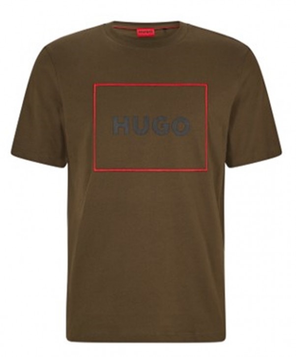 Hugo T-Shirt Dumex aus Bio-Baumwolle mit rot eingerahmtem Logo oliv 303 M