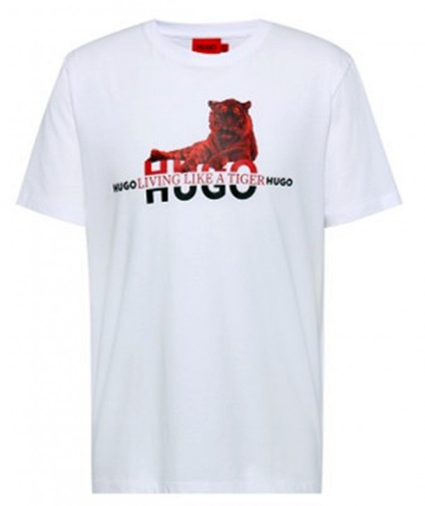 Hugo T-Shirt Datertiger aus Bio-Baumwolle mit Logo und Tiger-Artwork weiß 100