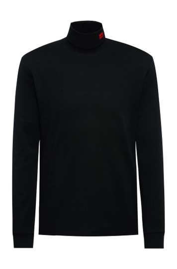 Hugo Boss Longsleeve aus Stretch-Baumwolle mit Rollkragen Derollo und rotem Logo-Etikett schwarz 001