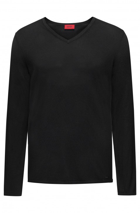 HUGO Pullover San Vitalo mit V-Ausschnitt aus Baumwoll-Mix mit Seide schwarz 001