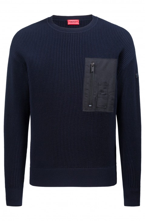 HUGO Gerippter Pullover SPATCHON im Military-Stil aus Baumwoll-Schurwoll-Mix dunkelblau