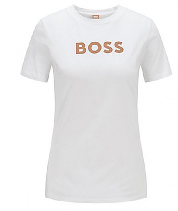 Hugo Boss C_Elogo_5 Damen T-Shirt mit weißem Logo-Schriftzug Weiß 100