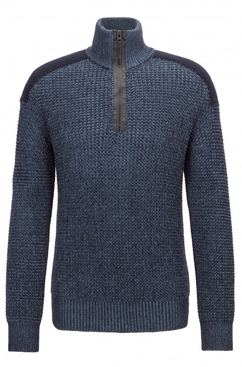 BOSS Strickpullover Kalmure mit Troyerkragen und kontrastfarbenen Schulter-Patches dunkelblau