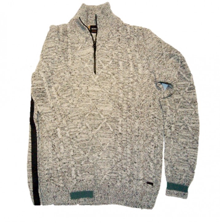 BOSS Pullover KARVINCE aus Tweed mit Zopfmuster und Reißverschluss am Kragen beige 282