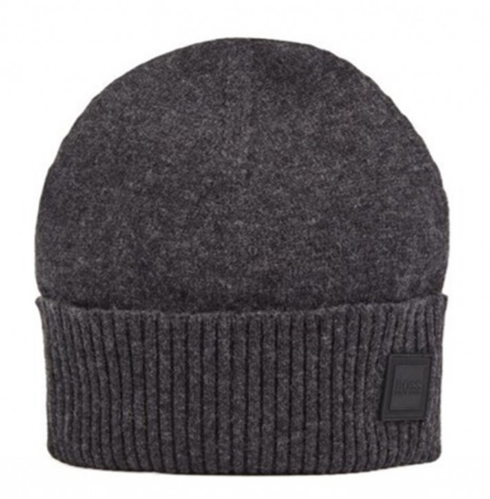 BOSS Feinstrick-Mütze Kotapran mit geripptem Saumaufschlag dunkelgrau 022