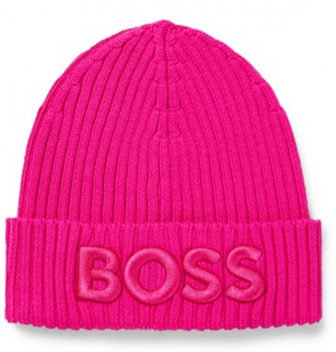 Boss Strickmütze Lara_hat aus gerippter Schurwolle mit Logo-Stickerei pink 674