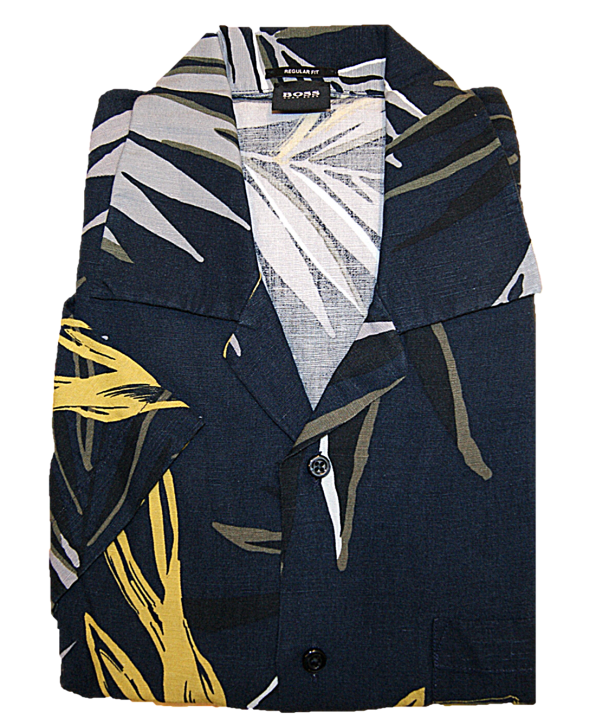 BOSS Regular-Fit Hemd RHYTHM aus Baumwolle mit Blätter-Print dunkelblau 404