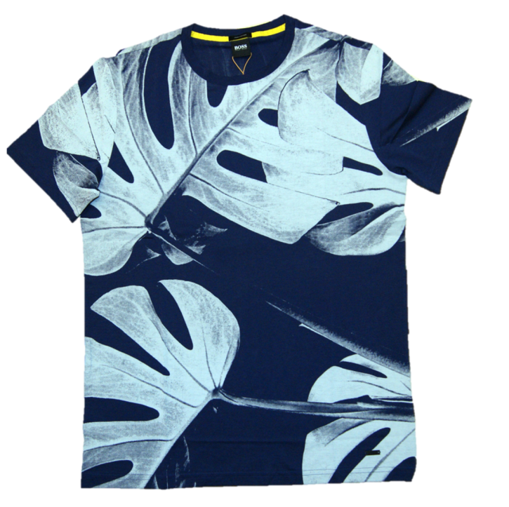 BOSS T-Shirt TEJUNGLE 2 aus Pima-Baumwolle mit wasserbasiertem Blätter-Print dblau 411 M