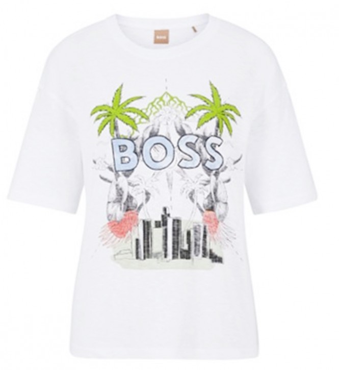 Boss Damen Kurzarm T-Shirt C_Evarsy_Print mit Artwork auf der Brust weiß100