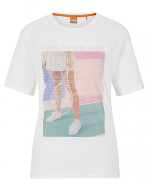 Boss Damen Kurzarm T-Shirt C_Esummer_Print mit Artwork auf der Brust weiß 100