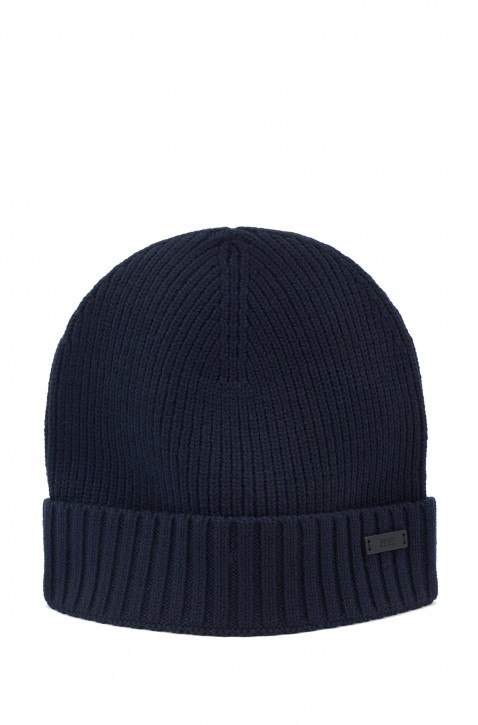 BOSS Mütze FATI-B aus gerippter Wolle mit metallenem Logo-Aufnäher schwarz 001