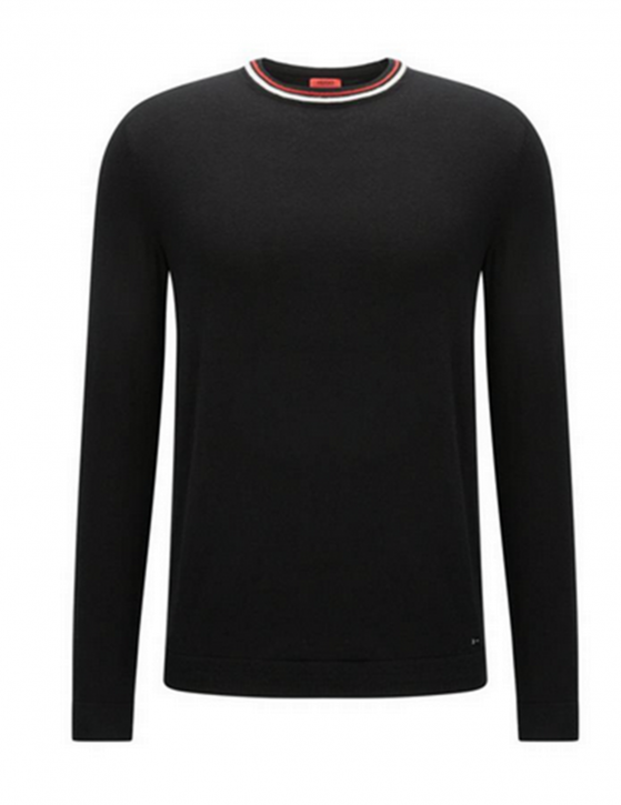 HUGO Slim-Fit Pullover SABO aus Baumwoll-Mix mit Seide und Kaschmir und Streifen-Detail Farbe schwarz 001