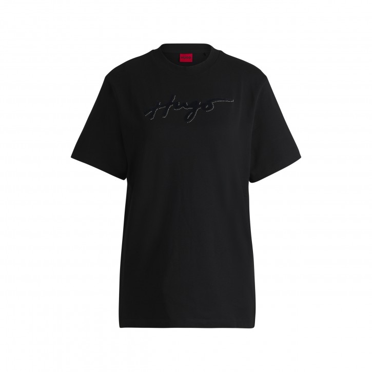 Hugo T-Shirt Vintage Tee_12 aus Baumwolle mit Flock-Print und Strasssteinen schwarz 001