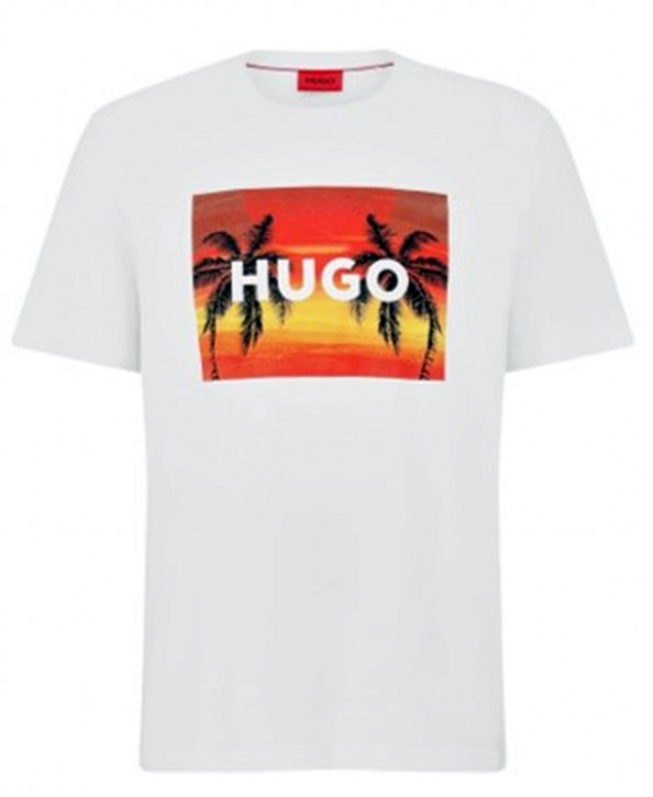 Hugo T-Shirt Dulive_U232 aus Baumwoll-Jersey mit Palmen-Artwork und Logo weiß 100