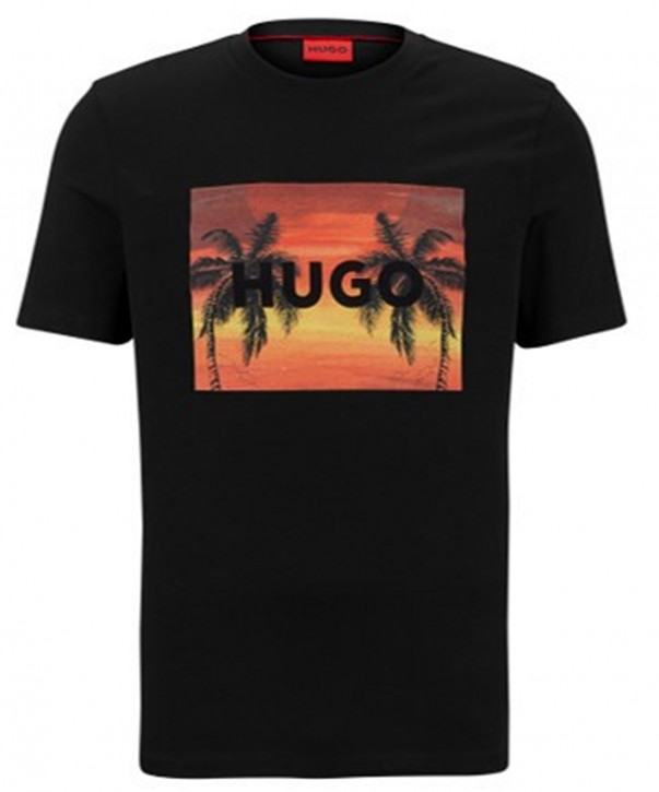 Hugo T-Shirt Dulive_U232 aus Baumwoll-Jersey mit Palmen-Artwork und Logo schwarz 001