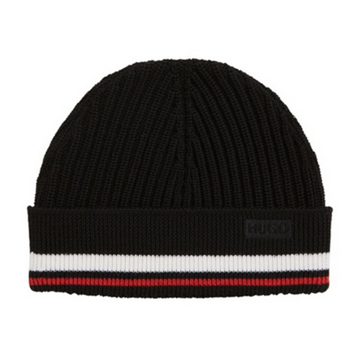 HUGO Gerippte Mütze XIANNO aus Merinowolle mit Streifen-Detail Farbe schwarz 002