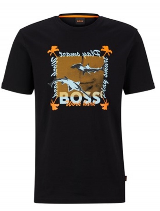 Boss Regular-Fit T-Shirt TeeShark aus Baumwoll-Jersey mit Artwork der Saison schwarz 001