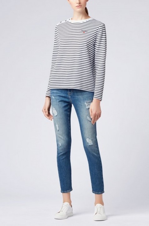 BOSS Gestreiftes Longsleeve Telamour aus Jersey mit aufgesticktem Slogan Farbe 480