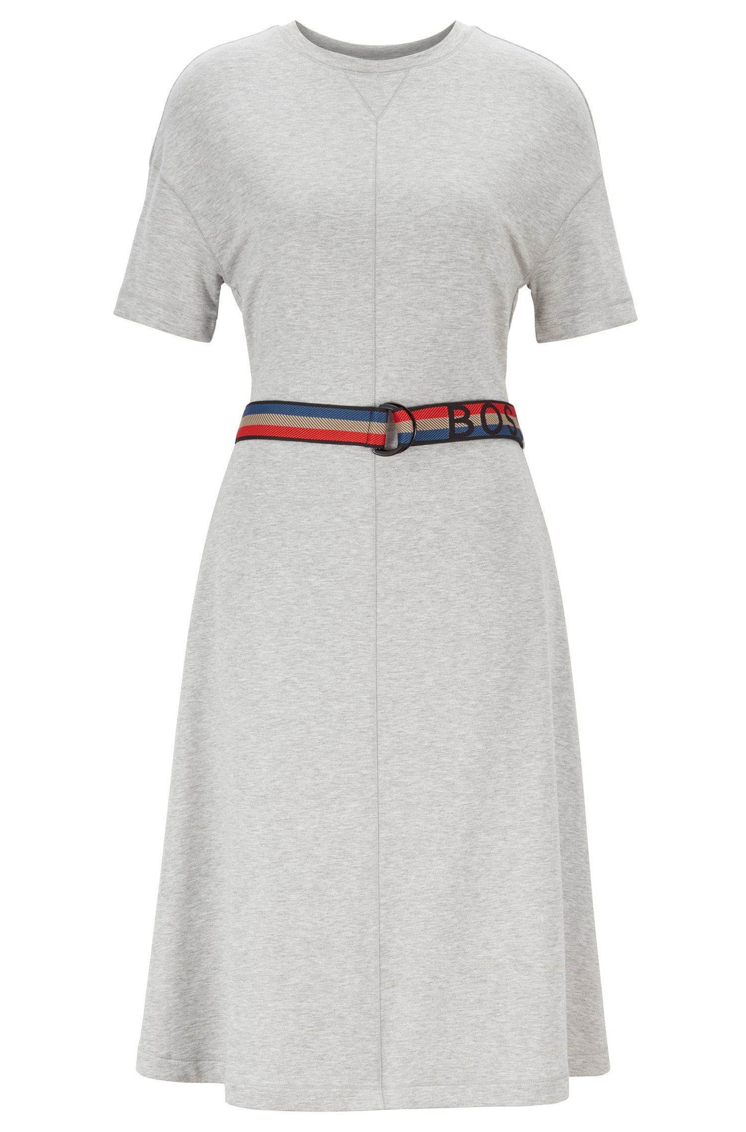 HUGO BOSS Kurzarm-Kleid DEBELT mit gestreiftem Logo-Gürtel grau 040  S-50413271-040-1